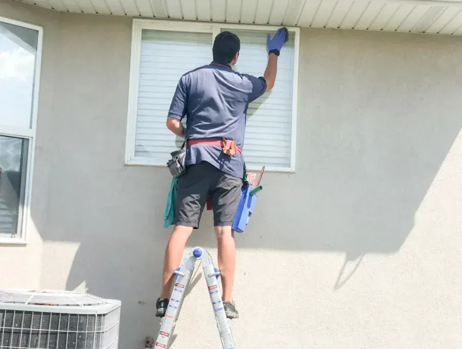 PPH technician on a ladder cleaning an upper-storey window