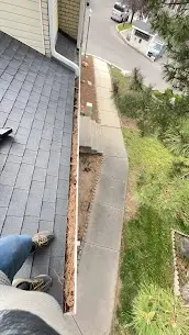 Gutter run cleared of debris, seen from the roof edge